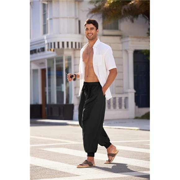 Men's Hippie Harem Pants Baggy Linen Boho Yoga Casual Drop Crotch Trouser - Picture 3 of 6